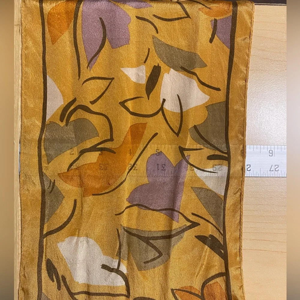 Vintage Honey SILK Abstract Floral Scarf 61”x8” Mustard